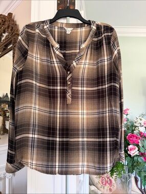 Plaid Tunic Blouse in Brown and Cream by Cato, size XL